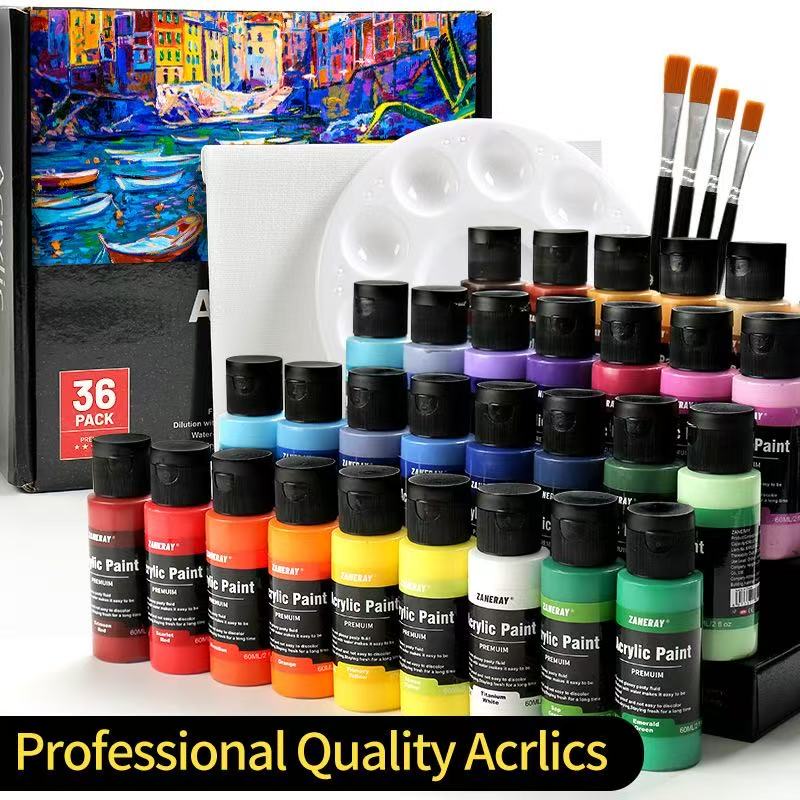 36 pack 60ml bottled acrylic paint set with brushes and palette