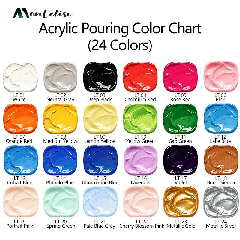 Montelise fluid acrylic pouring color chart with LT color numbers