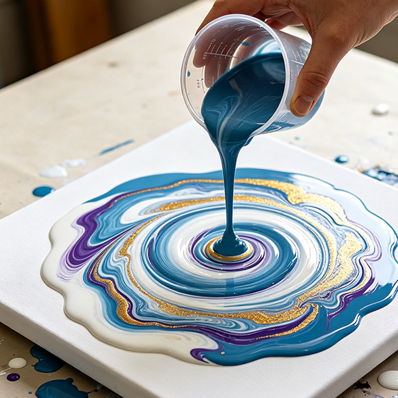 Blue and gold fluid acrylic pour on canvas