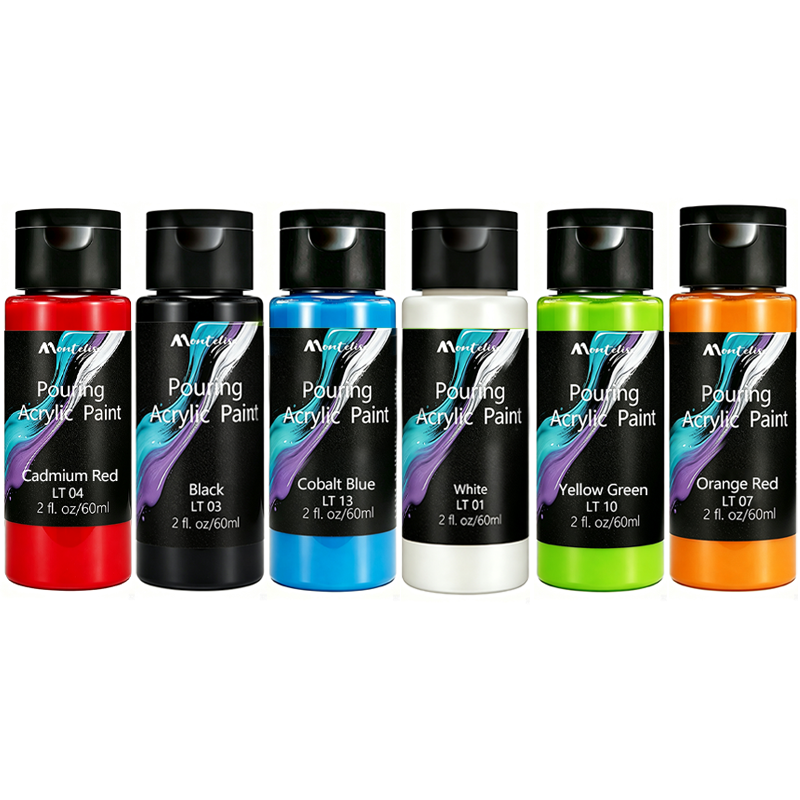 Montelise pouring acrylic paint bottles in red black blue white green and orange