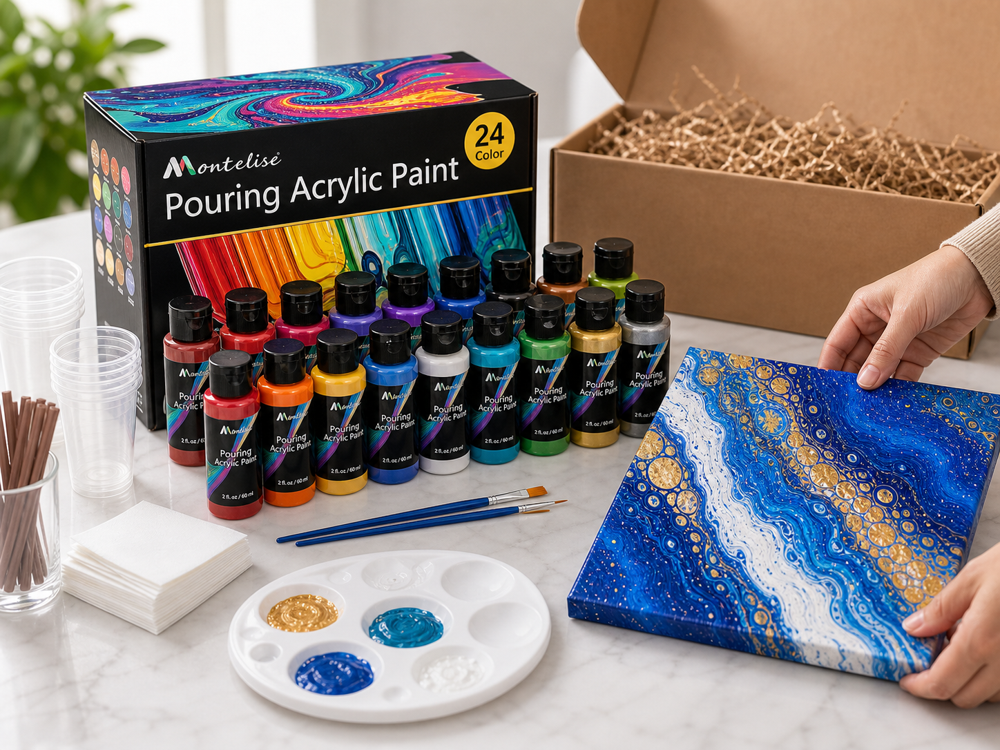 Montelise acrylic paint products including bottled paint, tube paint, and metallic acrylic