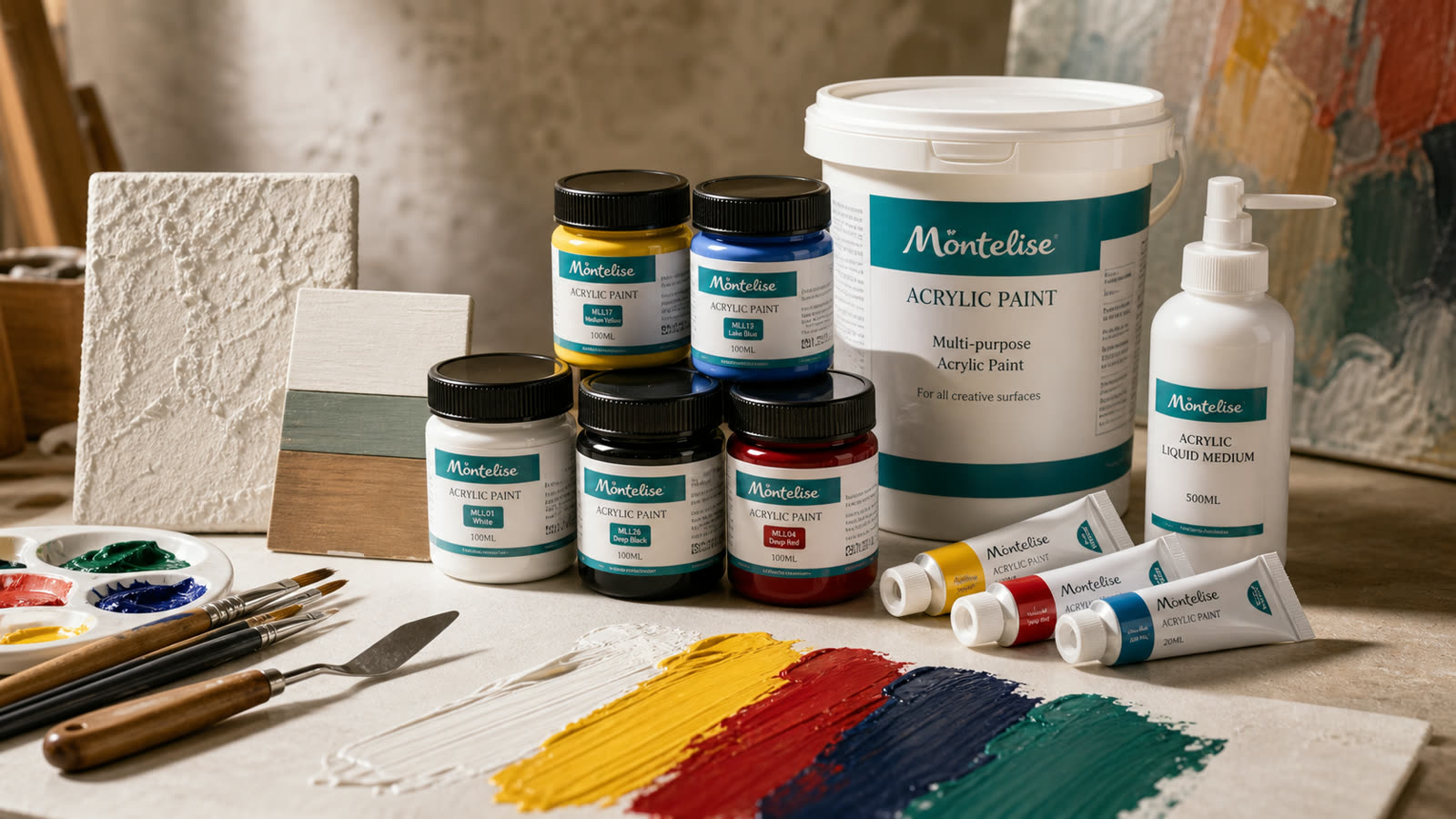 Montelise acrylic paint system with jars, bucket paint, tube sets, brushes, and textured color swatches